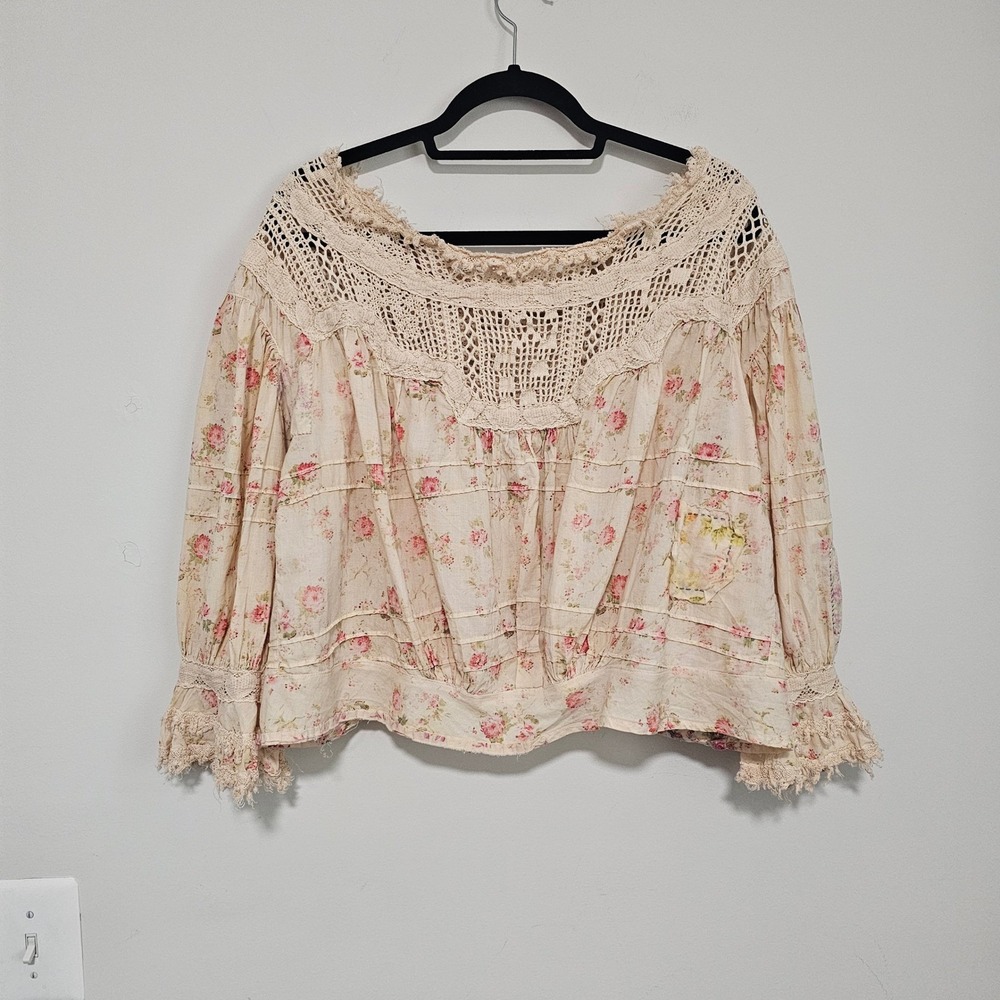 Magnolia Pearl Crochet Yoke Keira Blouse OS Pink Floral Boho Shabby Romantic